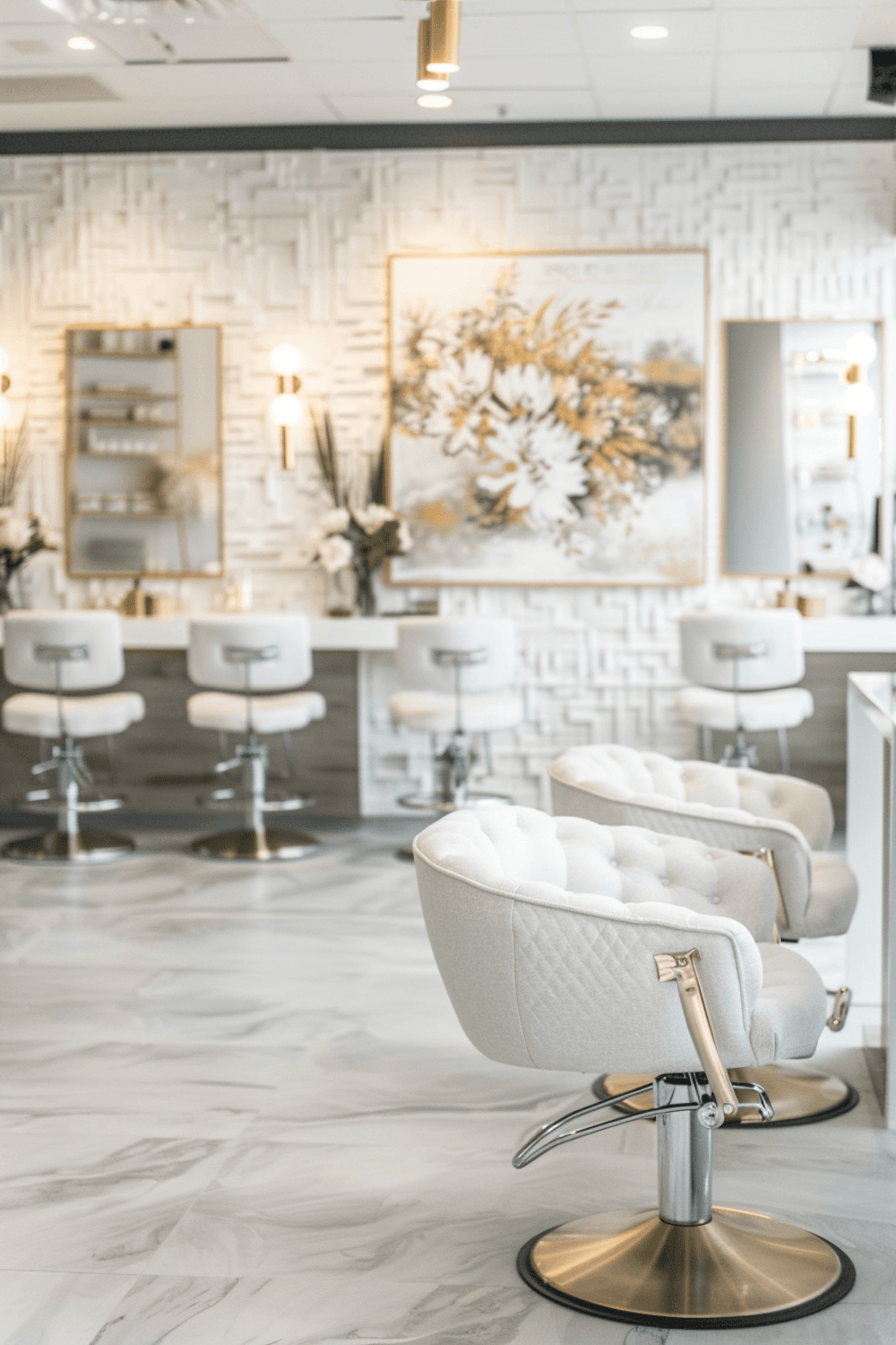 The bright Marlowe studio with white styling chairs, brass details and fresh flowers