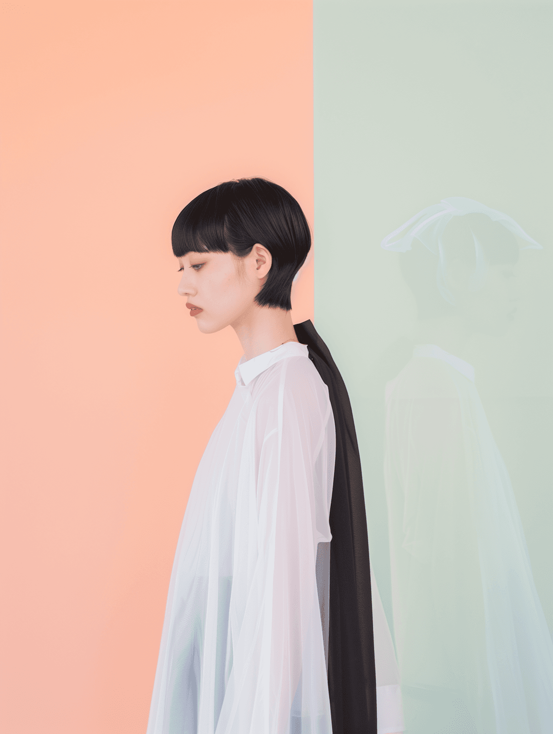 Woman in profile with a short, glossy black crop and a blunt fringe