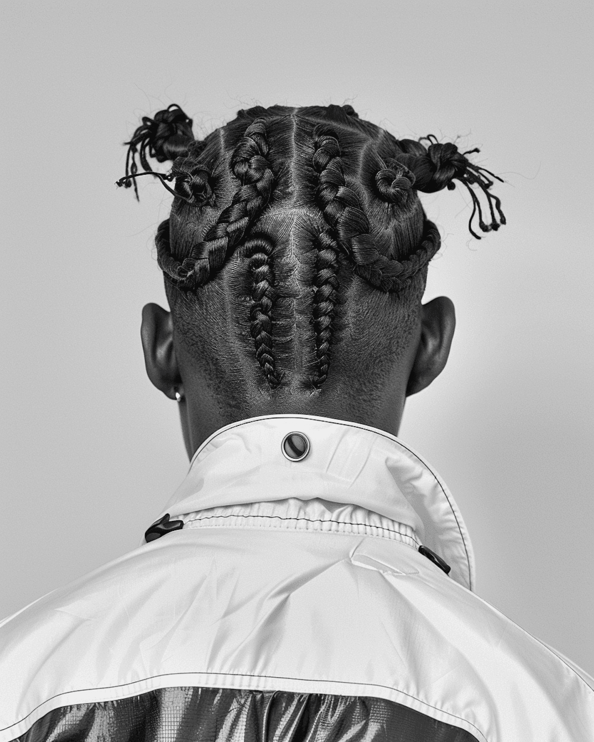 Black and white photo of sculpted braids finished with twisted knots, seen from behind