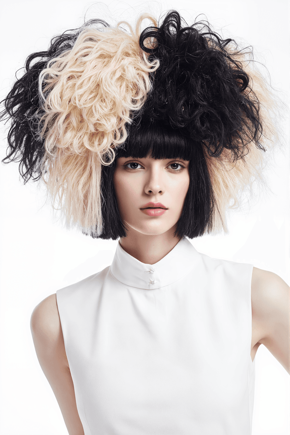 Inés Navarro with sculpted black and blonde curls and a blunt fringe